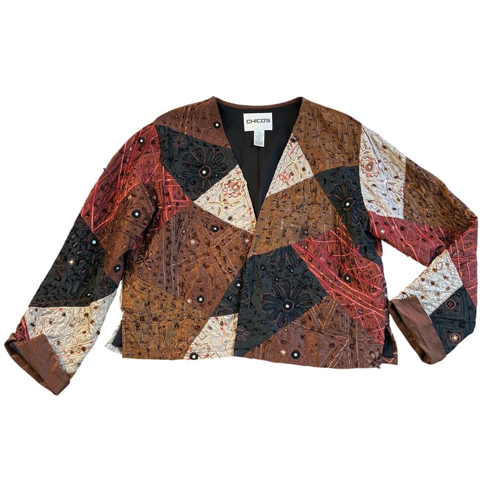 Chico's Vintage Abstract Beaded Textured Long Sleeve Blazer Womens Size 2 (L)